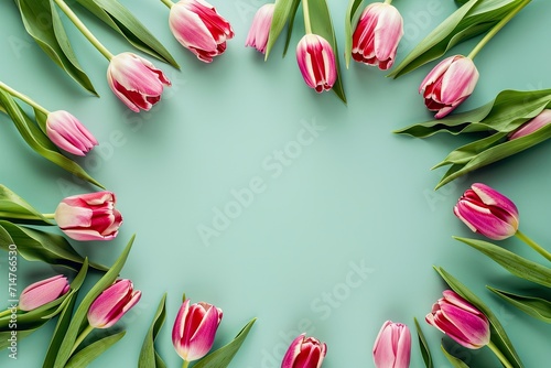 Holiday spring background. Frame of colorful tulip flowers arranged on light green background. Greeting card with copy space for Valentine s Day  Woman s Day and Mother s Day. Top view.