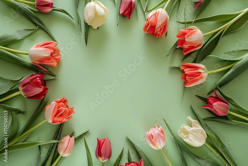 Holiday spring background. Frame of colorful tulip flowers arranged on light green background. Greeting card with copy space for Valentine's Day, Woman's Day and Mother's Day. Top view. #714766553