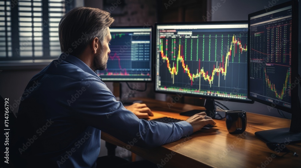 Finance trade manager analyzing stock market indicators for best investment strategy, financial data and charts, Generative Ai