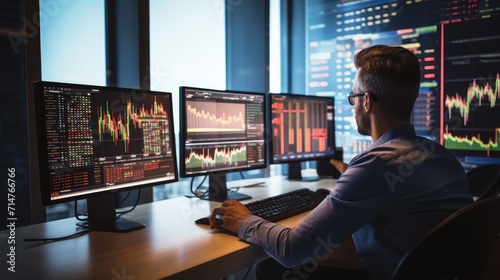 Finance trade manager analyzing stock market indicators for best investment strategy, financial data and charts, Generative Ai