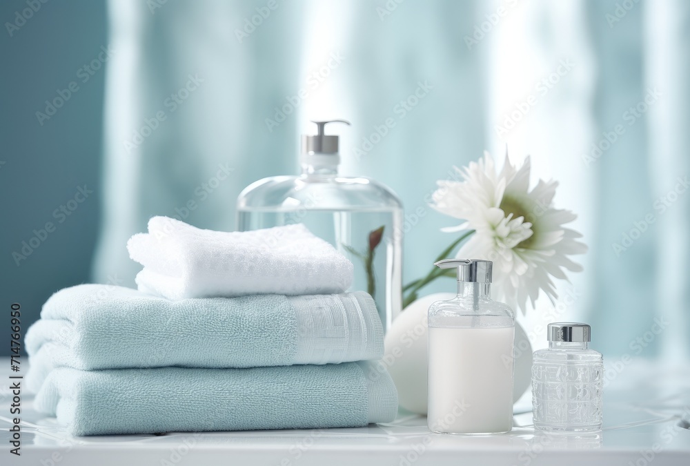 Close-up of spa products arranged on a white table in a bathroom, creating an inviting atmosphere for beauty treatment. Close-up of spa products arranged on a white table in a bathroom, creating an inviting atmosphere for beauty treatment.