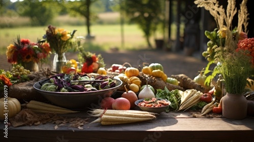 Farm-to-Table Cuisine, A rustic farm-to-table setting with fresh, organic produce and a beautifully prepared meal