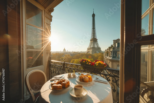 Breakfast table with coffee, croissants on balcony with view on Eiffel Tower in Paris, France. Romantic table set for couples