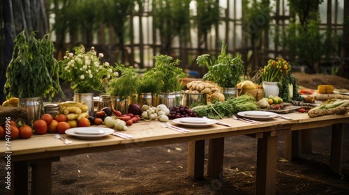 Farm-to-Table Cuisine, A rustic farm-to-table setting with fresh, organic produce and a beautifully prepared meal