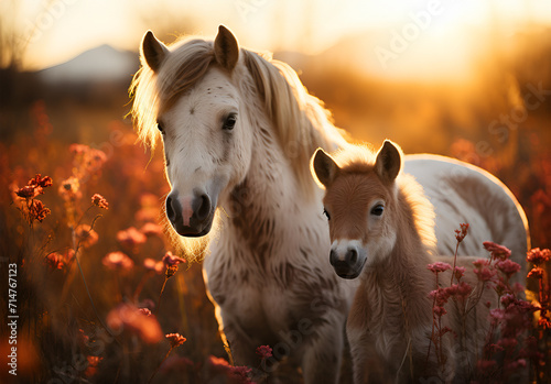 pony feeding her foal on a field in spring photo