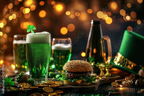 St Patrick's holiday party invitation, Irish St Patrick's day beer, ale glasses, snacks, appetizer, green burger and french fries