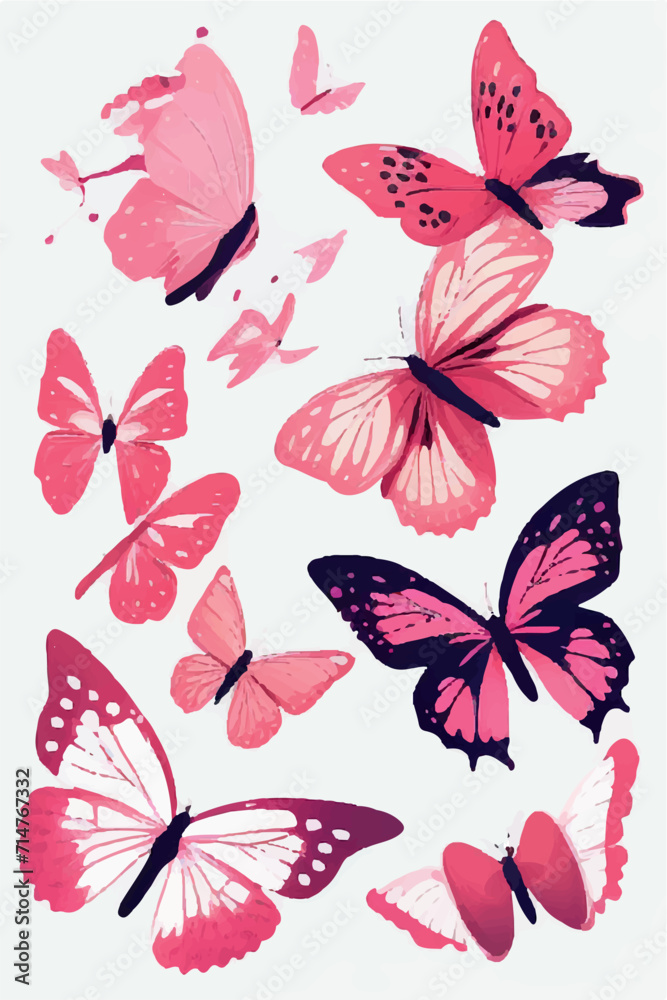Set of Butterfly Stickers: Create a Delicate and Playful Atmosphere with these Watercolor-Styled Pink and Abstract Decals.