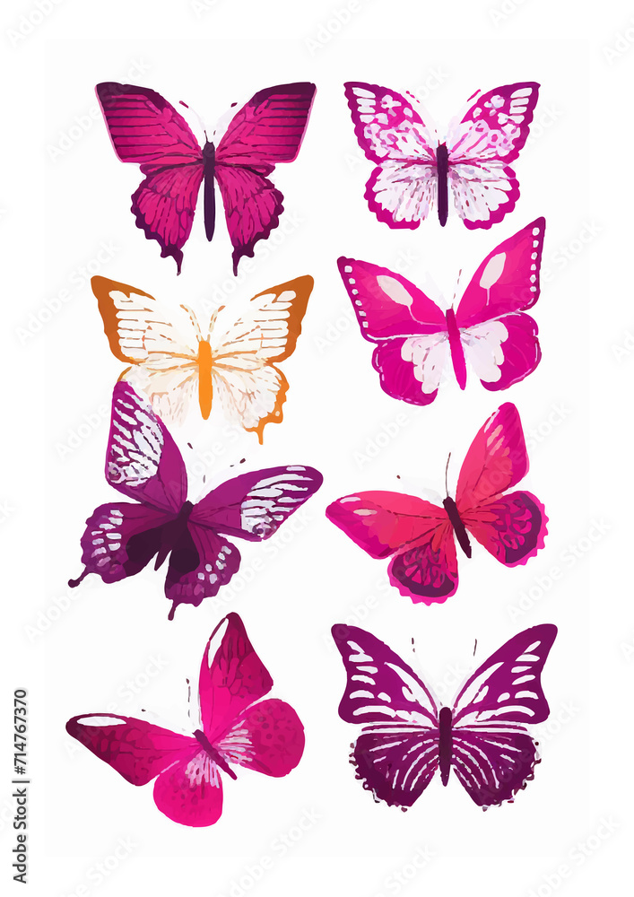 Set of Butterfly Stickers: Create a Delicate and Playful Atmosphere with these Watercolor-Styled Pink and Abstract Decals. Set of Butterfly Stickers: Create a Delicate and Playful Atmosphere with these Watercolor-Styled Pink and Abstract Decals.