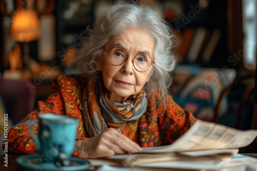 Portrait of a retired woman with gray hair reading a newspaper