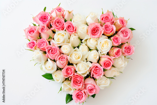 Love heart shape bouquet made of white and pink roses on white background