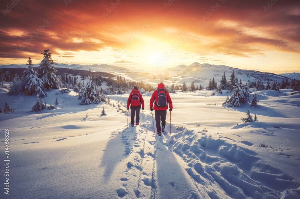 Two people walking on a snow-covered landscape during a sunset. They are wearing red jackets and carrying backpacks.
