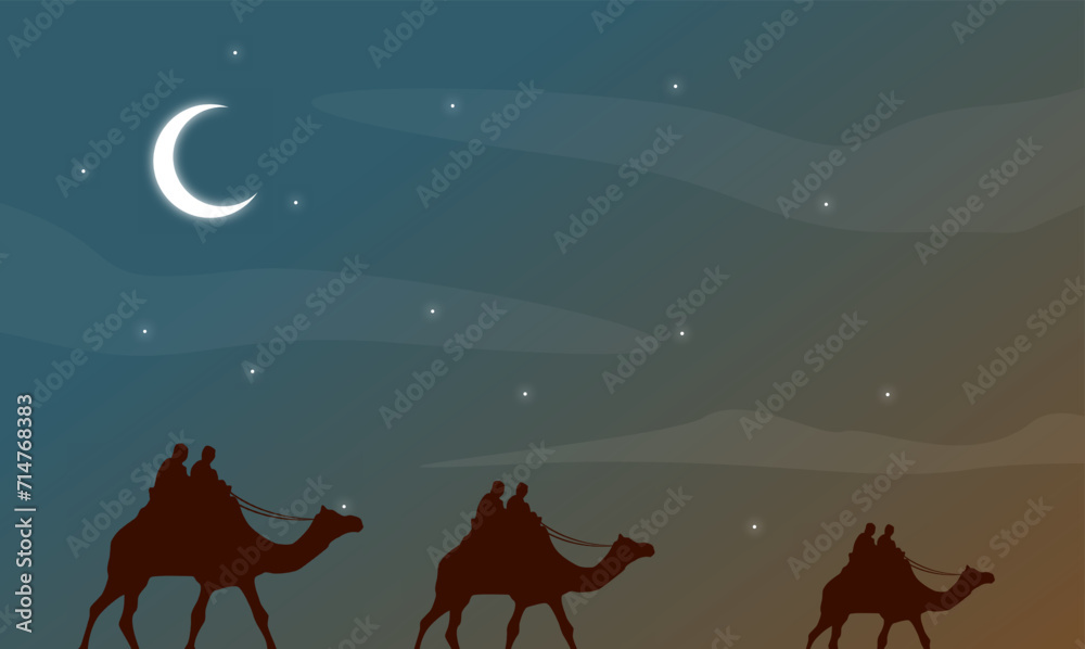 custom made wallpaper toronto digitalVector landscape of people riding camels under the night sky, moon clouds and palm trees at night, desert sky views, mountain skies