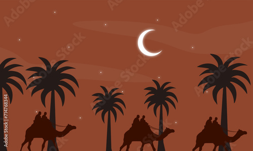 Wallpaper Mural Vector landscape of people riding camels under the night sky, moon clouds and palm trees at night, desert sky views, mountain skies Torontodigital.ca