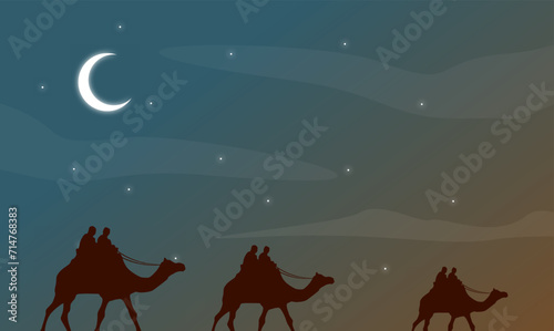 Wallpaper Mural Vector landscape of people riding camels under the night sky, moon clouds and palm trees at night, desert sky views, mountain skies Torontodigital.ca