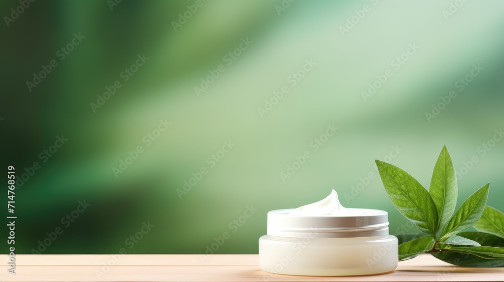 Round open jar of cosmetic cream with creamy and green leaves. Trendy eco friendly cosmetic product with organic and natural elements. Green cosmetics. Beauty product presentation, copy space Round open jar of cosmetic cream with creamy and green leaves. Trendy eco friendly cosmetic product with organic and natural elements. Green cosmetics. Beauty product presentation, copy space