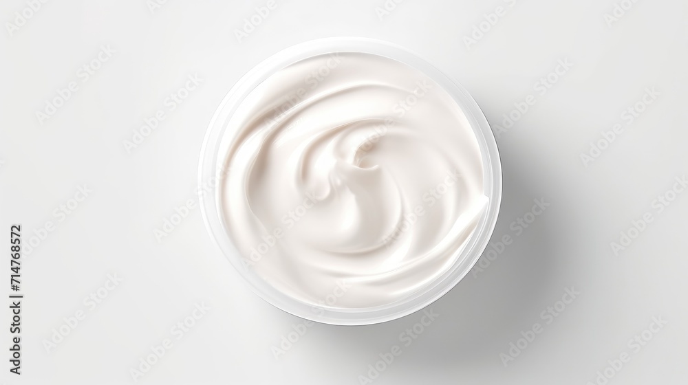 Close up jar of white cream skin care or hair care on white background. Top view, flat lay. Texture, product, advertising, text, oranic cosmetics Close up jar of white cream skin care or hair care on white background. Top view, flat lay. Texture, product, advertising, text, oranic cosmetics