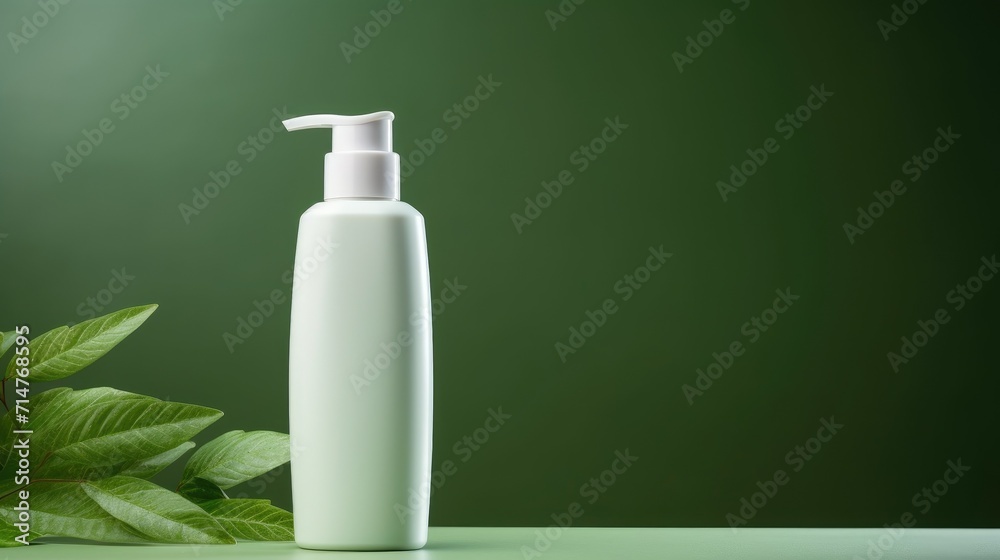 Green cosmetics. Trendy eco friendly skin care or hair care products with organic and natural elements. Cosmetic bottle and green leaves on green background. Beauty product presentation, copy space Green cosmetics. Trendy eco friendly skin care or hair care products with organic and natural elements. Cosmetic bottle and green leaves on green background. Beauty product presentation, copy space