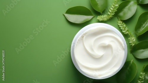 Round open jar of cosmetic cream with creamy and green leaves. Trendy eco friendly cosmetic product with organic and natural elements. Green cosmetics. Beauty product presentation, copy space