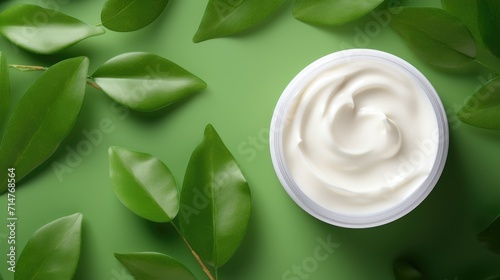 Round open jar of cosmetic cream with creamy and green leaves. Trendy eco friendly cosmetic product with organic and natural elements. Green cosmetics. Beauty product presentation, copy space