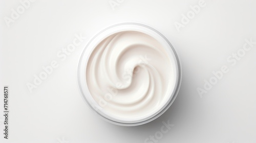 Close up jar of white cream skin care or hair care on white background. Top view, flat lay. Texture, product, advertising, text, oranic cosmetics