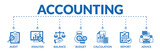Banner of accounting web vector illustration concept with icons of audit, analysis, balance, budget, calculation, report, advice