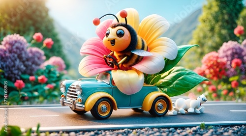 a cute bee riding a flower with wheels