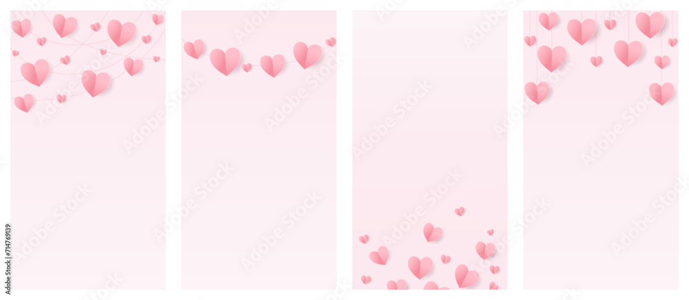 Pink hearts decoration. Valentine's day frame, festive pink background. Wedding string ornaments. Mother's day garland. Vertical format for social media. Vector.