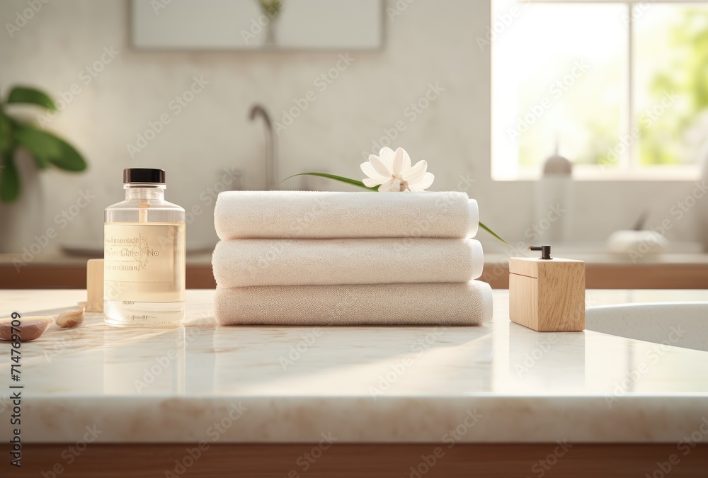 A composition of toiletries including soap and a towel set against a blurred white bathroom background, creating a serene and clean ambiance.