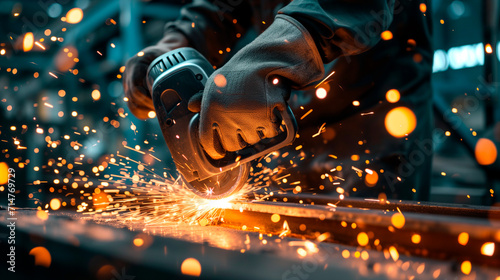 Man working with angle grinder and polishing metal with sparks