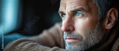 Contemplative Mature Man with Striking Blue Eyes Gazing Outward, Thoughts Unspoken photo