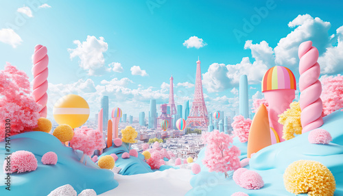 Cartoon landscape of Paris city in style of 3D design 80s