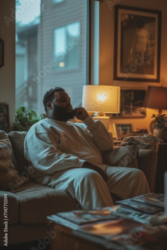 Reflections of a Quiet Evening: Obese black man in tracksuit alone at home © oleksandr.info