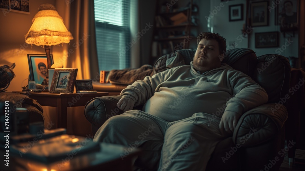 Reflections of a Quiet Evening: Obese man in tracksuit alone at home