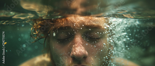 Submerged Serenity: Close-Up of a Man's Face in Crystal Clear Waters Reflecting Peace