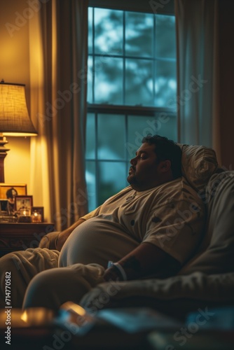 Reflections of a Quiet Evening: Obese man in tracksuit alone at home © oleksandr.info