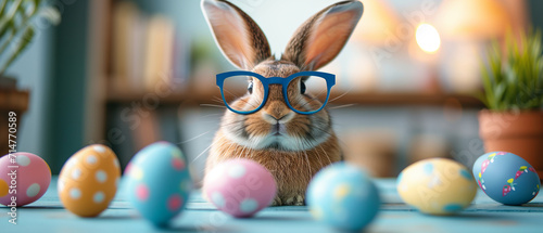 Celebrating Spring: A Delightful Rabbit Wearing Blue Glasses Amongst Colorful Easter Eggs photo