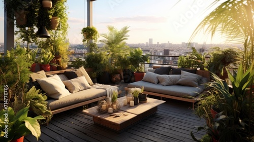Urban Gardening  A cozy rooftop garden in an urban setting  with a variety of plants and comfortable seating