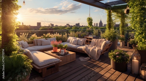 Urban Gardening, A cozy rooftop garden in an urban setting, with a variety of plants and comfortable seating