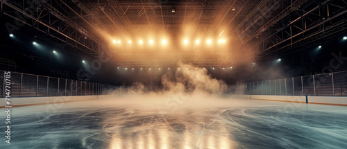 Ice Rink Background. Professional Arena illuminated neon lights  spotlights with smoke. Copyspace. Winter poster for hockey competitions. Ice skating. Stadium. Generative ai