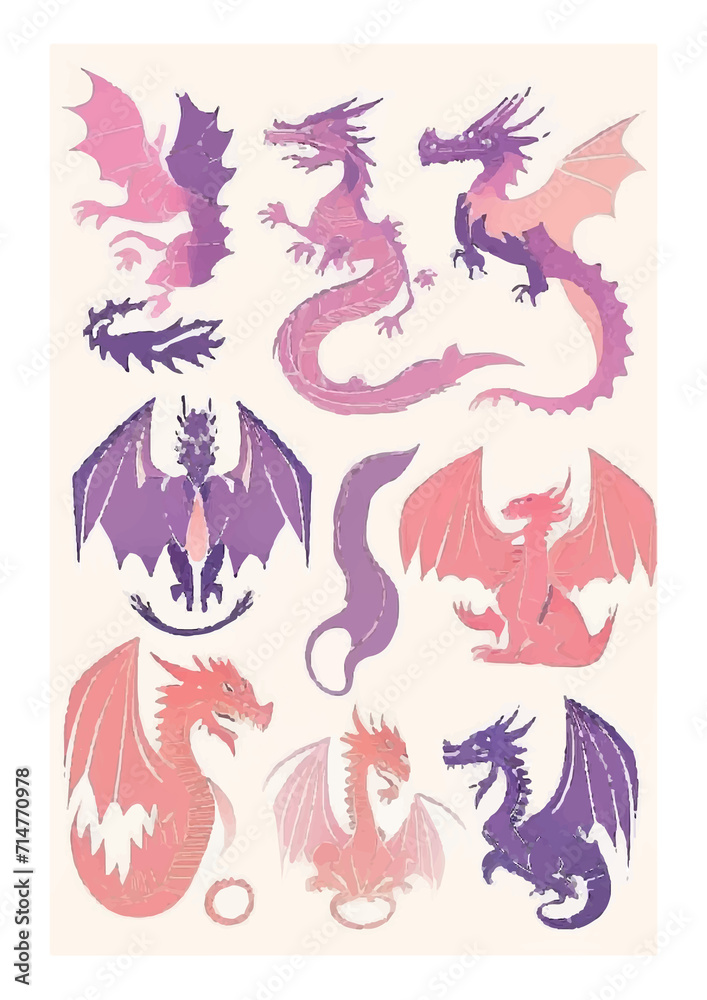 Enchanting Dragon Sticker Set: Dive into a World of Whimsy with Delicate Watercolor Dragons. Perfect for a Touch of Pink Elegance and Oriental Ornamental Magic.