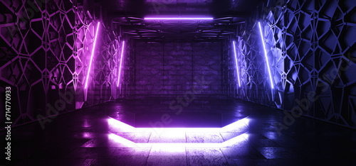 Fototapeta Naklejka Na Ścianę i Meble -  Cyber Futuristic Sci Fi Background Scene Podium Showroom Technology Alien Mesh Metal Walls Cement Floor Glowing Neon Lasers 3D Rendering