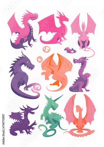 Enchanting Dragon Sticker Set: Dive into a World of Whimsy with Delicate Watercolor Dragons. Perfect for a Touch of Pink Elegance and Oriental Ornamental Magic."