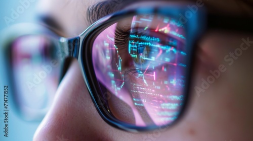 Close-up of Code Reflected in Eyeglasses. Detailed view of programming code reflected on the lens of eyeglasses.