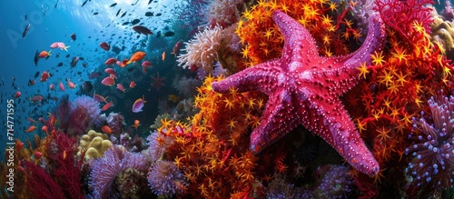 In Raja Ampat, a remote region known for its rich marine life, a deep red starfish clings to a coral reef. photo