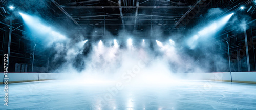 Ice Rink Background. Professional Arena illuminated neon lights, spotlights with smoke. Copyspace. Winter poster for hockey competitions. Ice skating. Stadium. Generative ai © Inai