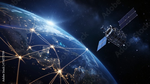 Satellite Orbiting Digital Earth Network.
A satellite orbiting Earth with a digital network overlay.
