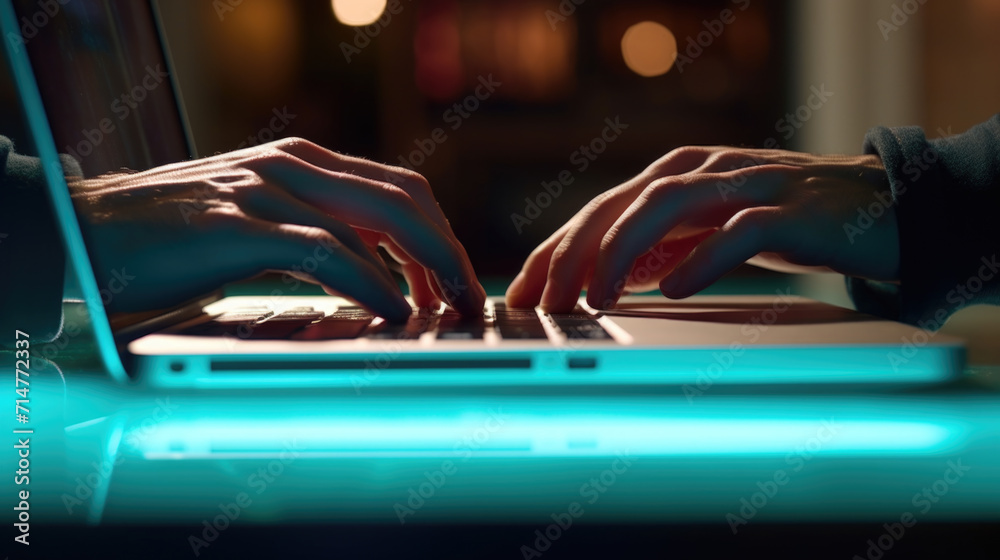 Hands Typing on Laptop with Another Hand Reaching Through Screen, Generative A