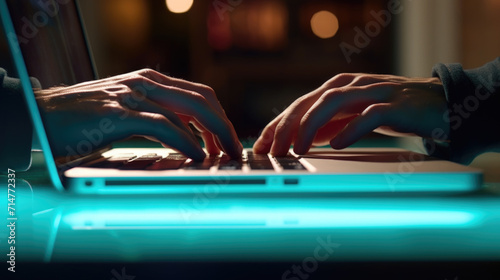 Obraz na płótnie Hands Typing on Laptop with Another Hand Reaching Through Screen, Generative A w salonie