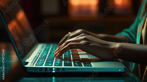 Obraz na płótnie Close-Up of Hands Typing on Laptop Keyboard, Generative AI w salonie