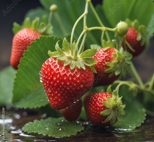 Strawberries on a branch with leaves. Selective focus.